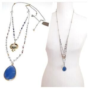 J.JILL Semi-precious Blue Stone Pendant 34" Long Layered Necklace Silver & Gold